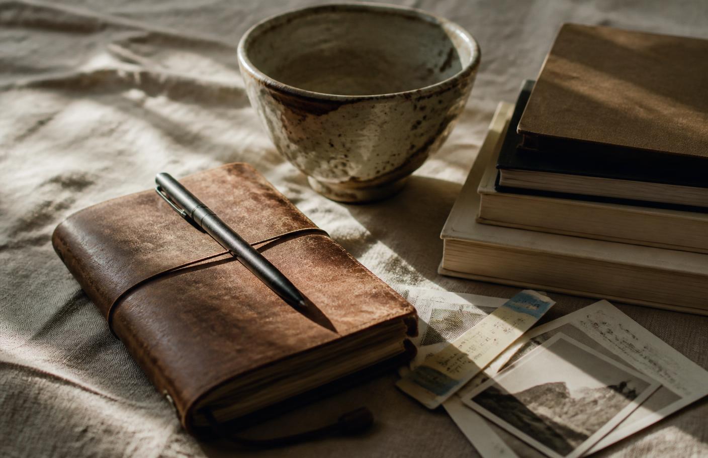 A travel journal, a hand-thrown ceramic bowl and a stack of books on a linen surface in soft window light